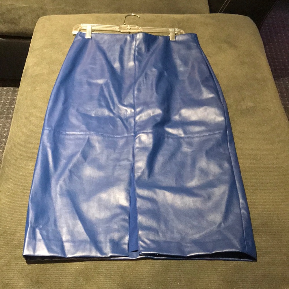 Blue leather pencil skirt